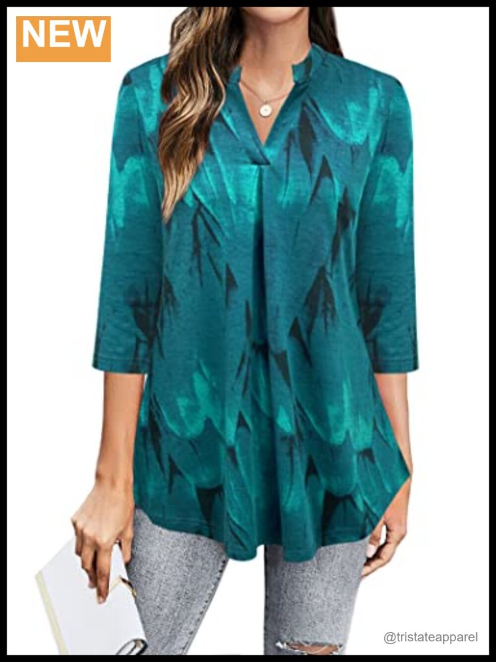 Women's V-Neck 3/4 Sleeve Pleated Front Blouse Business Casual Work Top with